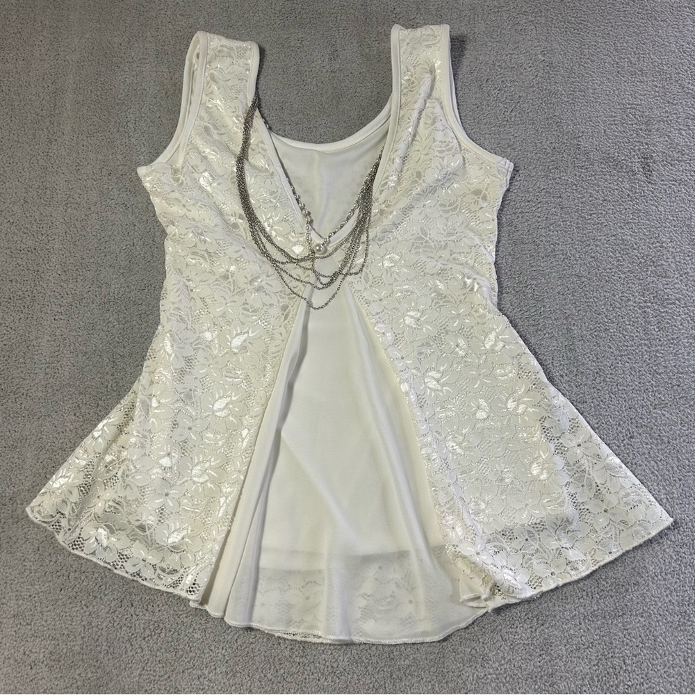 LA Apparel Sleeveless Lace Necklace Top White Floral High Low Blouse Women’s M